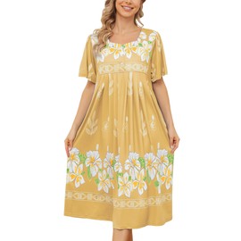 Bloggerlove Nightgown for Women Hawaiian Muumuu House Dress Print Lounger Patio Dress with Pockets Moomoo, Yellow, Small
