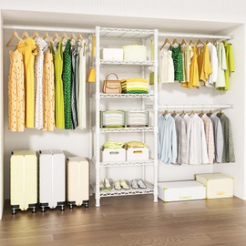 Ulif M5 Wall Mounted Clothes Garment Rack, Heavy Duty Closet Storage and Organizer with 6 Shelves and 3 Expandable Hanger Rods, Space Saver Suit (46.2-102.4)" W x 14" D x 83.1" H, White