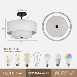 HILUXIA 18 Inch Large Semi Flush Mount Ceiling Light Fixture with Dual Drum Design, Farmhouse Fabric Linen Shade for Bedroom, Living Room, Kitchen, and Dining - Modern Chandelier Lamp