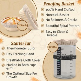 NEW Sourdough Starter Kit, Set of 2 10 inch Banneton basket, Sour dough Baking Supplies with lame, dutch whisk, and 1000 mL sourdough starter fermentation jar