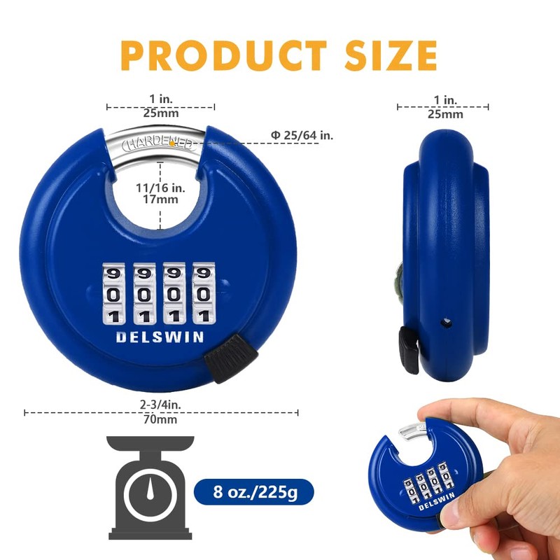 DELSWIN 4 Digit Combination Lock, Outdoor Combination Disc Padlock with