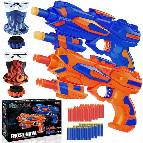2 Pack Foam Blaster Toy Guns with 60 Soft Refill Foam Darts, 2 Goggles, 2 Wrist Straps and Masks-Hand Gun Toys Birthday Party Gifts Party Supplies for Boys and Toddlers Aged 6-8 8-12 Years Old
