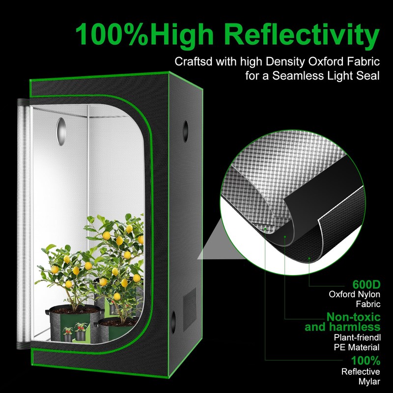 MELONFARM 32"x32"x63'' Grow Tent, High Reflective 600D Diamond Mylar Canvas