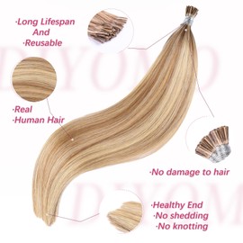 DIYOMO I Tip Hair Extensions - Human Hair, #18/613 Dark Blonde Highlighted Bleach Blonde 22 Inch I Tip Hair Extensions For Women Soft & Natural Itip Hair Extensions Itip Human Hair Extensions 50G/70S