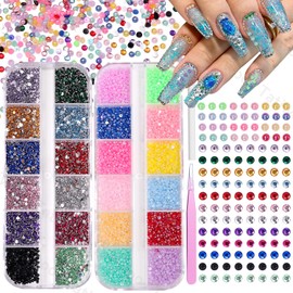 Flatback Pearls and Rhinestone for Crafting, 2mm Color Nail Rhinestone and Half Round Pearls Charms, Pearl Beads Nail Diamonds Gems for Bedazzling, Rainbow Gems for Nails Art Face Makeup