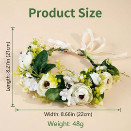 White Flower Crown Headband, 8.66 Inch Adjustable Satin Ribbon Floral Headpiece, Handmade Artificial Camellia Bridal Headband for Wedding Festival Photo Shoot