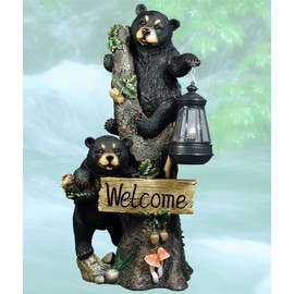 DWK Twin Bears Climbing a Tree Outdoor Home Porch Sign and Solar LED Light Lamp | Front Porch and Yard Decor | Bear Statues Home Decor and Farmhouse Gifts - 18"