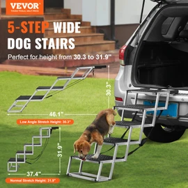 VEVOR Dog Stairs for Car, Wide 5-Step Dog Car Steps, Folding Dog Car Ramp with Nonslip Surface, Portable Pet Steps Lightweight Aluminum for Car, SUV and Truck, Supports up to 150 lbs
