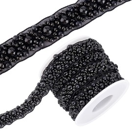 BENECREAT 3.3 Yard Faux Pearls Lace Ribbon, 0.6" Wide Black Beaded Crystal Rhinestone Applique Edge Lace Ribbon for Sewing Wedding Dress Costume Home Decoration
