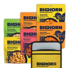 BIGHORN Mountain Food - All In Expedition Pack – contains 6 pouches | 12 servings | 211g Protein | 3,830 Calories – premium freeze dried meals - includes 1 each of our 6 entrees and 1 Insulated Coozie