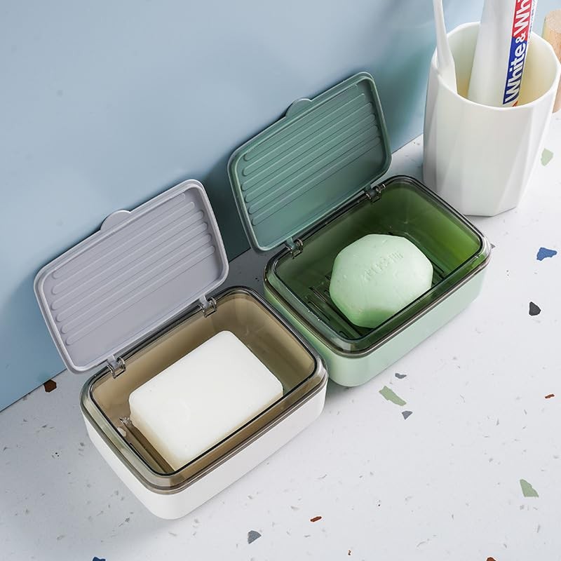 2Pcs Plastic Soap Holder with Drain Tray and lid,Removable Bar