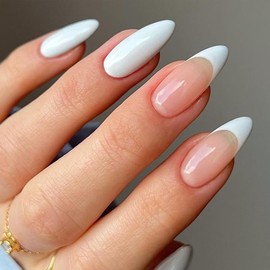 ANDGING Short Almond Press on Nails French Tip White Fake Nails with Glue Acrylic Glue on Nails with Designs Fantasy Manicure False Nails Women Gel Stick on Nails for Wedding JDKL8878