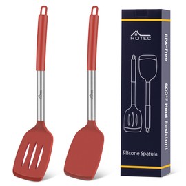 HOTEC Silicone Spatula Set of 2 Heat-Resistant 600°F & BPA-Free Kitchen SaptulaTurner with Stainless Steel Handles, Slotted & Solid Spatulas for Nonstick Cookware, 13.7 Inch, Red