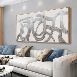 Abstract Wall Art Silver Abstract Minimalist Line Graffiti Framed Small Size Home Artwork Decor Modern Minimalist Canvas Painting Living Room Decor For Bedroom Office Apartment Wall Decor 20"X40"
