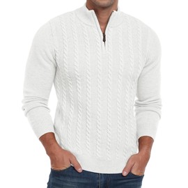 Hisir Mens Quarter Zip Jumper Cable Knit Crew-Neck Sweater Long Sleeve Jumpers Causal Pullover Winter for Men (White, M)