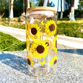 JZSMY Sunflower Glass Cup with Bamboo Lids and Straws, 16 oz Iced Coffee Tumblers Sunflower Drinking Cup Daisy Beer Can Inspirational Sunflower Water Bottle Cute Tumbler Cup for Home Essentials