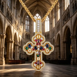 Legit Bling Gothic Cross Pendant Necklace for Men, White Gold Plated Iced Out with Colorful CZ, Religious Hip Hop Faith Pendant - Ideal Christian Gifts for Him Her (Yellow Gold)