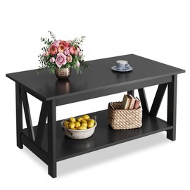 WLIVE Coffee Table with Storage Shelf, 39.4" Farmhouse Coffee Table with V-Frame Support, 2-Tier Wood Rustic Center Table for Living Room, Bedroom & Balcony, Black