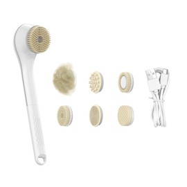 Electric Brush Scrubber for Shower Type-C Rechargeable IPX7 Waterproof 3 Gears 6-in-1 Shower Brush Heads Cordless Exfoliating Bath Brush with Long Handle Deep Cleansing for Shower Bathing