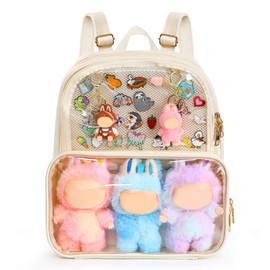 Backpack Display Case Compatible with 17cm The Monsters Plush Dolls, Clear Protective Case with Insert Pin Board for Pins Plush Keychain, Beige Backpacks Display Bag Gifts for Women Boys Girls