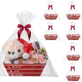 Cinnvoice 6 Pack Christmas Baskets for Gifts Empty Christmas Baskets with Bags Bows Ribbons Bulk DIY Gift Basket Box Trays with Handles for Xmas Holiday Birthday Party Favors(Christmas greetings)