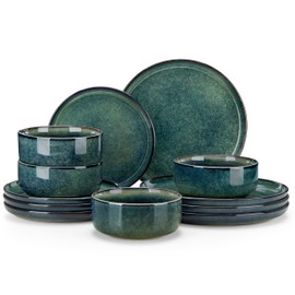 vancasso Starry 12 Pieces Dinnerware Sets for 4, Green Reactive Glaze Dishes Sets, Ceramic Plates and Bowls Set, Dinner Salad Dessert Plates, and Cereal Bowls Set, Dishwasher and Microwave Safe