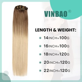 VINBAO Clip in Hair Extensions Platinum Blonde Human Hair 14 Inch 6pcs/100g Extensions Human Hair Remy #BA8/60 (#8T60-14 Inch)
