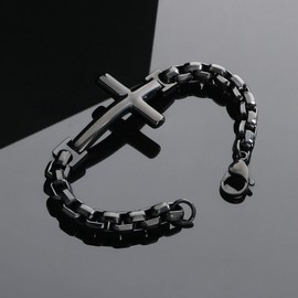 Azubpi Christian Stainless Steel Cross Link Men's Bracelet, Religious Jewelry Bracelet for Men Women with Lobster Clasp (Black)