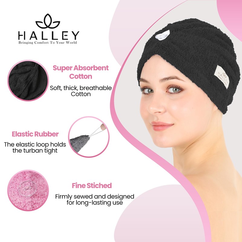 HALLEY Cotton Hair Towel Wrap (3 Packs) Super Absorbent Fast