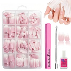 240Pcs French Press on Nails, Natural Gradient Pink False Nails, 12 Sizes Glossy Full Cover Coffin Fake Nails with Glue, Ombre Pink Stick on Nails for Women & Girls Nail Art