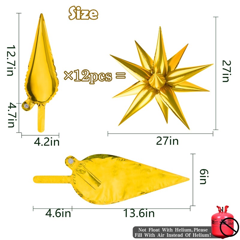Moukiween 60 PCS Gold Star Foil Balloons, 12 Point Cone