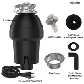 Garbage Disposal, Standard Series 1 HP Continuous Feed Food Waste Disposer, Black, Set of 1