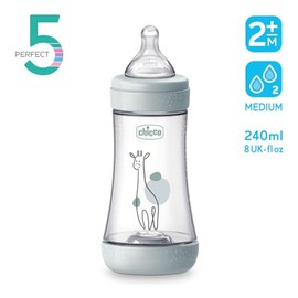 Chicco PERFECT 5 Biberón anticólicos de 240 ml, biberón de flujo medio para 2 meses + con tetina de silicona suave, biberón similar al pecho materno, 