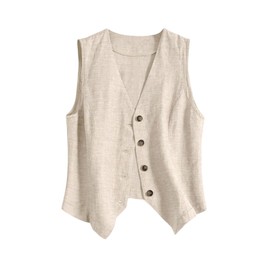GORGLITTER Women's Button Down Vest Tops Casual Linen Sleeveless V Neck Trendy Business Waistcoat Apricot X-Large