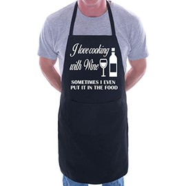 Print4U Love Cooking With Wine Fathers Day BBQ Cooking Novelty Apron Black