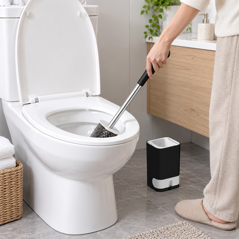 Wall-Mounted Toilet Brush with Drainable Base – Long Handle Bathroom
