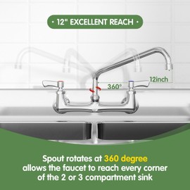 Wall Mount Kitchen Faucet, TOLSUNY Commercial Sink Faucet with 12-inch Swivel Spout, Brass Dual Handle Utility Laundry Faucet, Chrome Gooseneck Spout, for Laundry Room Restaurant Compartment Sink