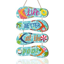 HPNIUB Life is better at the pool Hanging Sign,Summer Beach Seaside Ornaments Wall Art,Beach Themed Room Decor,Coastal Decor Beach Hut Accessories Seaside Bathroom Accessories,4PCS,28 * 11cm