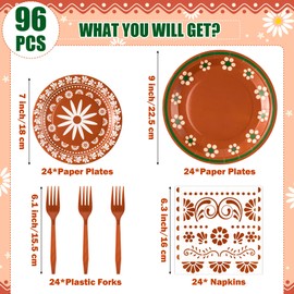 G1ngtar Platos De Barro Mexicanos Party Plates Supplies- Serves 24-96Pcs Cielito Lindo Tableware Decorations Terracotta Clay Disposable Paper Plates Napkins Forks for Wedding Baby Shower Birthday