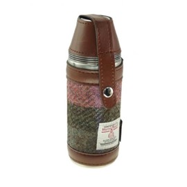 Green & Rose Pink Tartan Check Harris Tweed Stainless Steel 8oz Hunting Flask