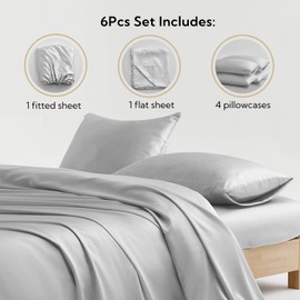 Candoury Satin Sheets Bed Set 6 Pcs, King Size Silky Bedding Set, Soft and Durable Pillowcase, Flat Sheet and Fitted Sheet, Hotel Luxury Bed Sheets Set(King, Silver Grey)