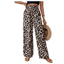 Floerns Women's Leopard Print Straight Leg Pants Loose Drawstring Waist Trousers Beige Large
