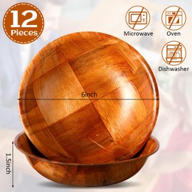 Didaey 12 Pieces Wooden Salad Bowl Set Salad Bowls for Lunch Woven Wooden Bowls for Snack Wooden Woven Salad Bowl Stackable Round Wood Serving Bowl for Kitchen and Salad Fruit Vegetable Snack, 6 Inch