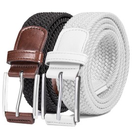 DENGFENGZHE Belt for Men, 1 3/8" Mens Gift Stretch Braided Web Belt Elastic for Casual Golf Jeans, 2 Pack (Black+White, 32" to 38" Waist Adjustable)
