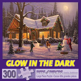 Bits and Pieces - 300 Large Piece Glow in The Dark Puzzle for Adults - Family Traditions by Artist Geno Peoples - Winter Christmas Cabin - Holiday - 300 pc Jigsaw