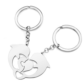 BAMAY Valentine's Day Stainless Steel Couple Dolphin Keychain Ocean Fish Car Key Chain Gifts for Women Girls Bag Charms (Silver Plated)