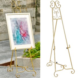 Metal Large Free Standing Adjustable Display Stand Scroll Easel with Chain Support, Gold Easel Stand for Sign, Heavy Duty Easel for Mirror, Wedding, Picture Frame (No Installation Required)