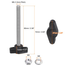 sourcing map 8pcs Tee Wing Knobs M6 x 60mm Metric 304 Stainless Steel Threaded Stud 27mm Z/T Head Plastic Handles Thumb Screws Hand Clamping Knob Grip Thumbscrew with Nuts Washers, Black