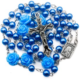 Nazareth Store Blue Pearl Beads Rosary Prayer Handmade Necklace Our Rose Lourdes Medal and Jesus Cross