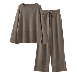 ANRABESS Womens 2 Piece Outfits Oversized Knit Sweater Set Wide Leg Pant Cozy Lounge Matching Pajama Sets 2024 Trendy Clothes Khaki Green Medium